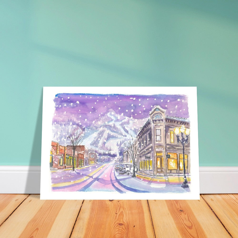 Aspen Colorado Nightly Winter Street Scene with Snowing Mood - Limited Edition Fine Art Print - Original Painting available