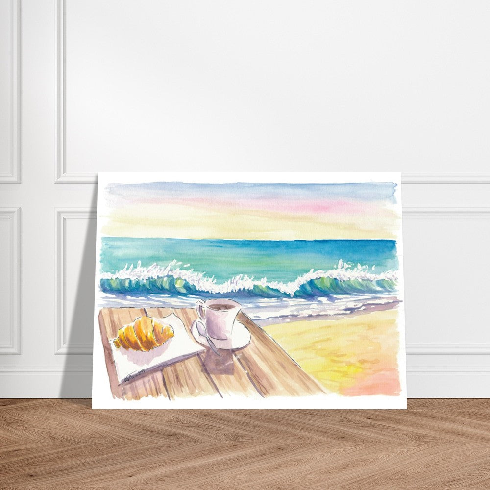 Beautiful Beach Morning with Coffee Brioche and Waves - Limited Edition Fine Art Print - Original Painting available