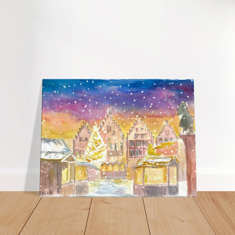 Frankfurt Germany Romantic Christmas Market at Night and Snowing - Limited Edition Fine Art Print - Original Painting available