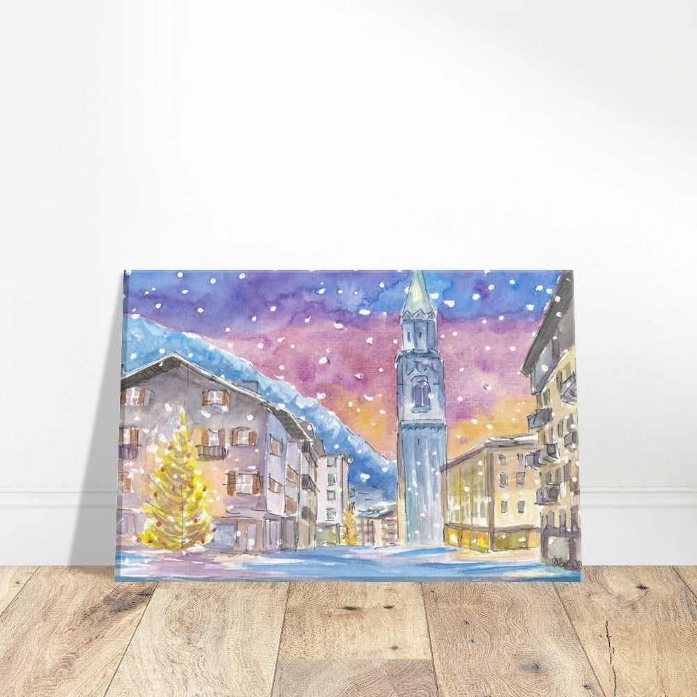 Cortina D'Ampezzo Dolomite Winter Charm in Nightly Mountains - Limited Edition Fine Art Print - Original Painting available