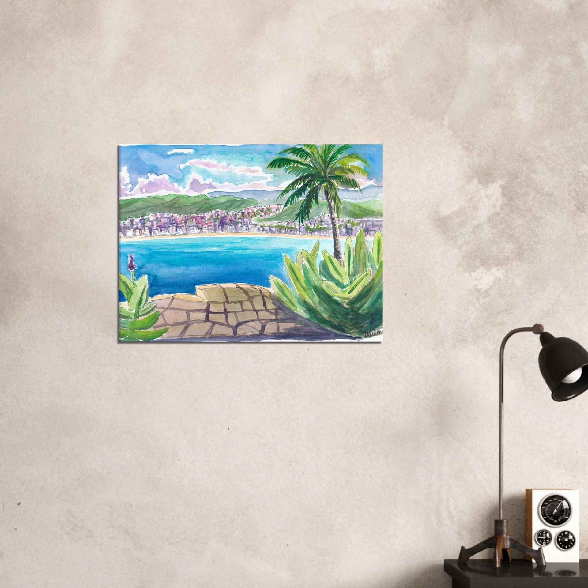 Acapulco Bay View with Palm, Mountains and Serenity - Limited Edition Fine Art Print - Original Painting available