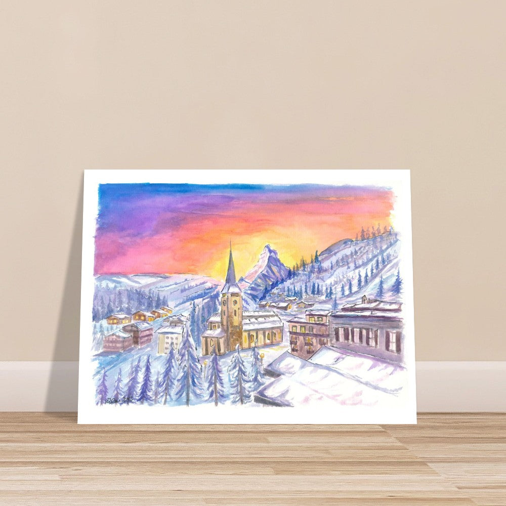 Zermatt Switzerland with Matterhorn View in Winter Dawn - Limited Edition Fine Art Print - Original Painting available