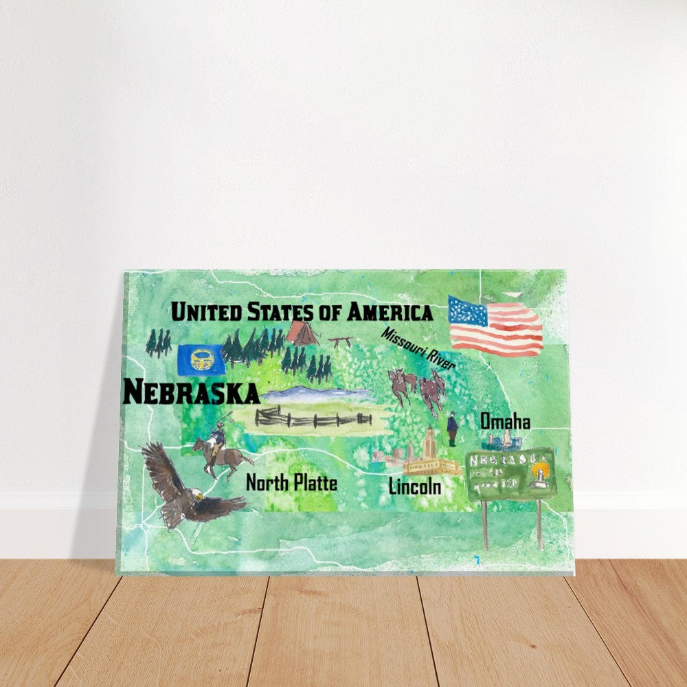 Nebraska Illustrated US State Travel Map with Highlights with Roads and Tourist Highlights
