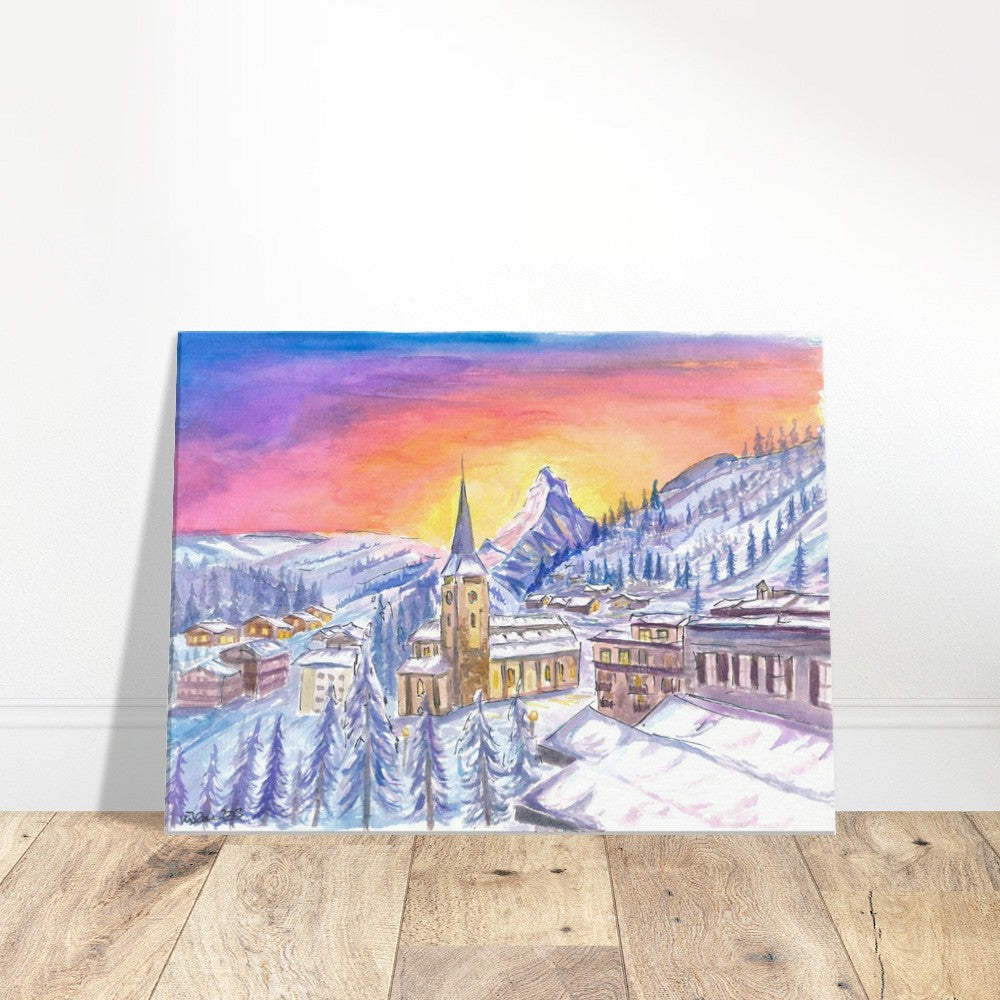 Zermatt Switzerland with Matterhorn View in Winter Dawn - Limited Edition Fine Art Print - Original Painting available
