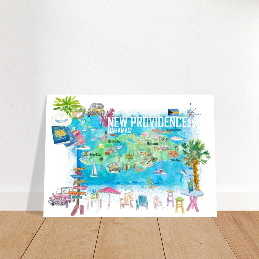 New Providence Bahamas Illustrated Island Travel Map with Landmarks and Highlights - Fine Art Print