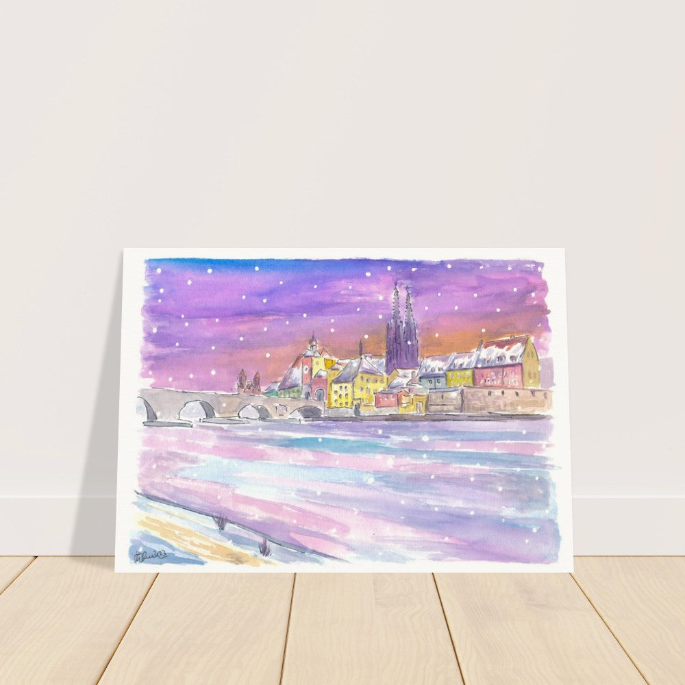 Winter Dawn in Regensburg Bavaria with Danube Stone Bridge and Cathedral - Limited Edition Fine Art Print - Original Painting available