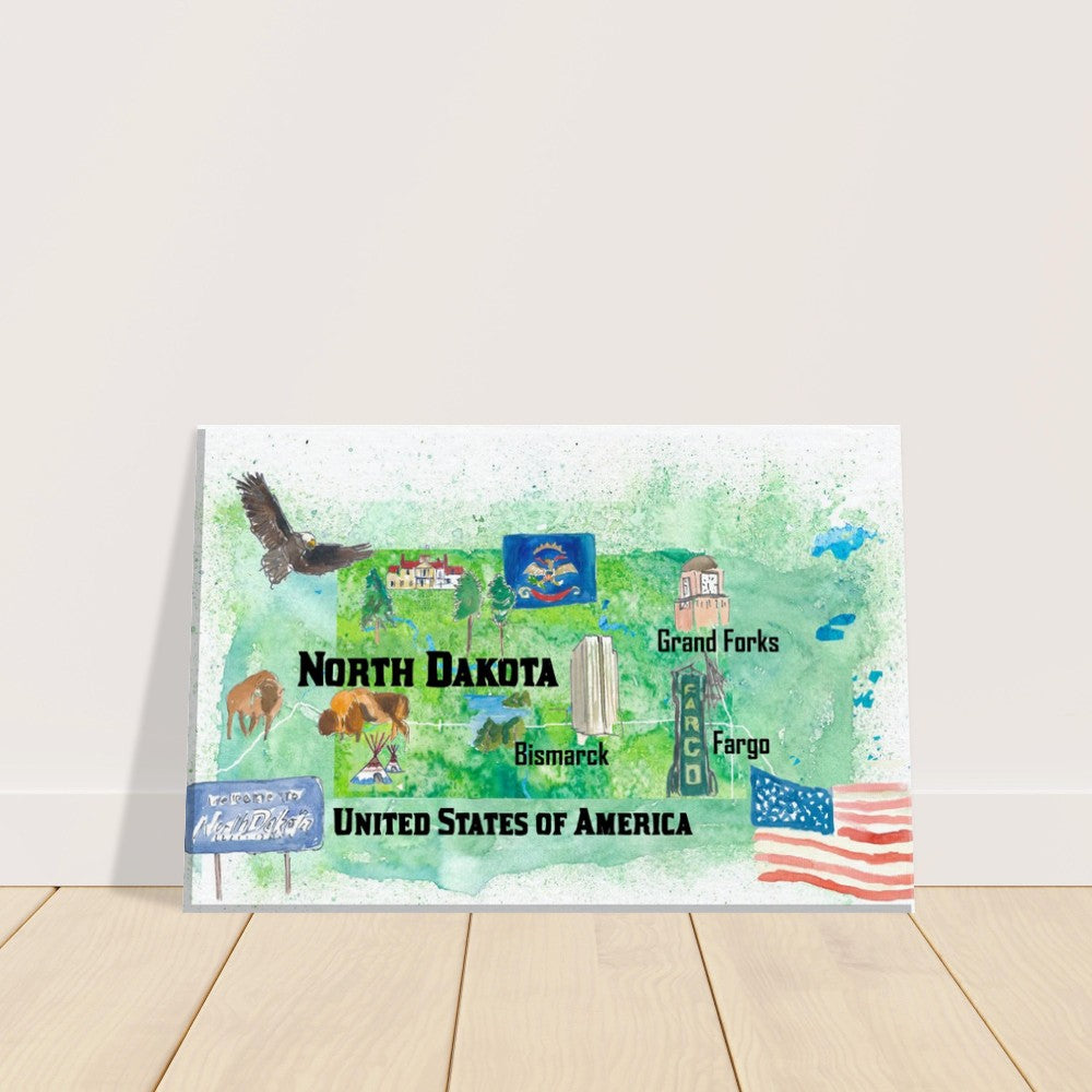 North Dakota Illustrated US State Travel Map with Highlights