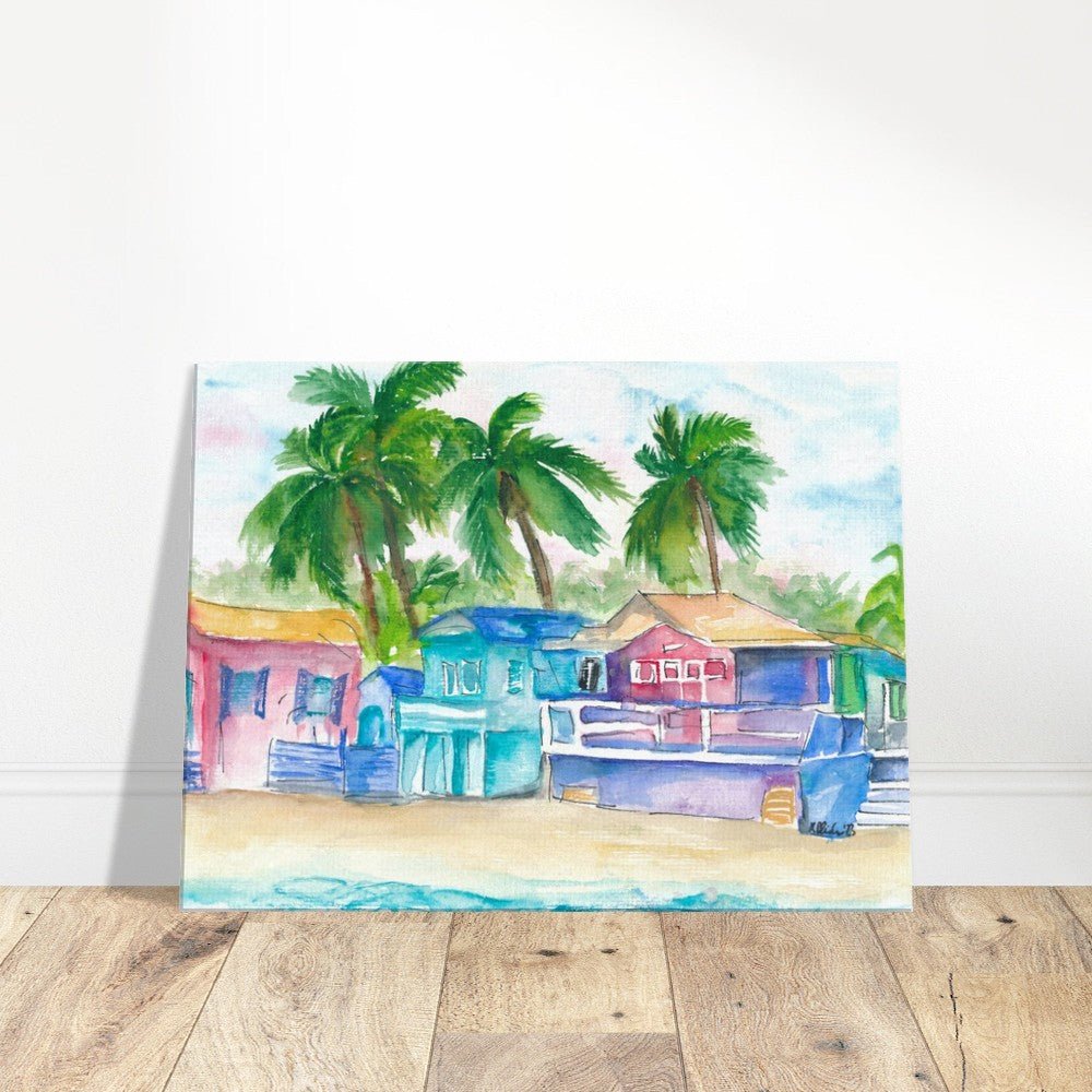 Colorful Tropical Houses at the Caribbean Dream Beach Island - Limited Edition Fine Art Print - Original Painting available
