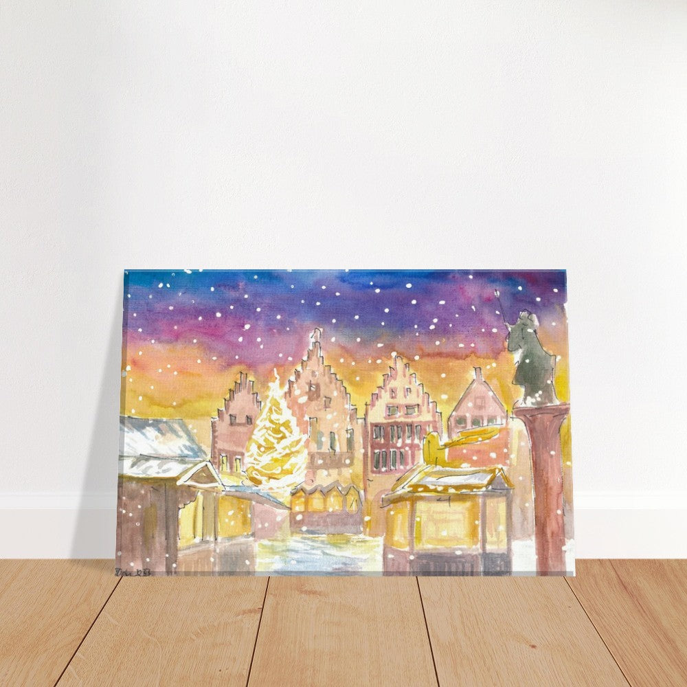 Frankfurt Germany Romantic Christmas Market at Night and Snowing - Limited Edition Fine Art Print - Original Painting available
