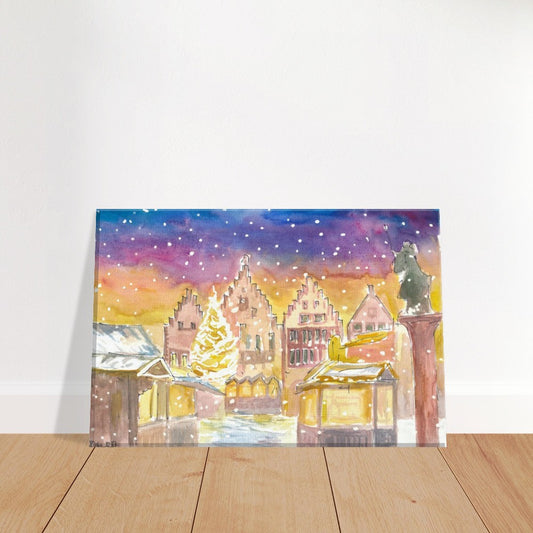 Frankfurt Germany Romantic Christmas Market at Night and Snowing - Limited Edition Fine Art Print - Original Painting available