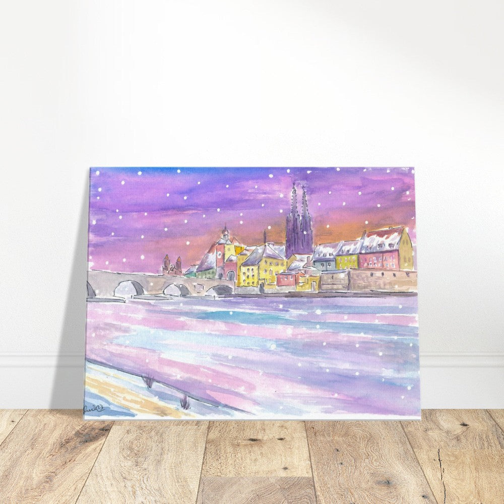 Winter Dawn in Regensburg Bavaria with Danube Stone Bridge and Cathedral - Limited Edition Fine Art Print - Original Painting available