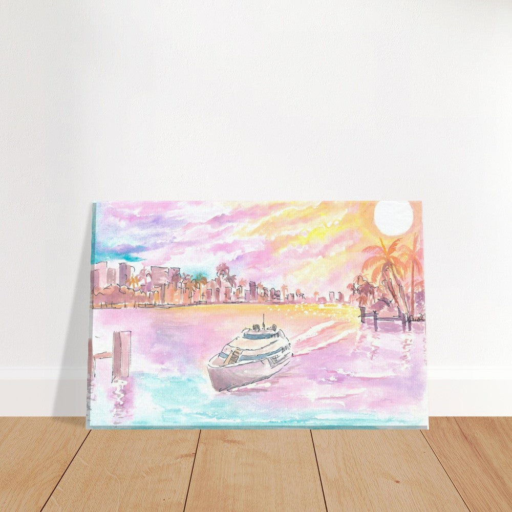 Boca Raton Sunrise with Yacht Canal and Skyline - Limited Edition Fine Art Print - Original Painting available