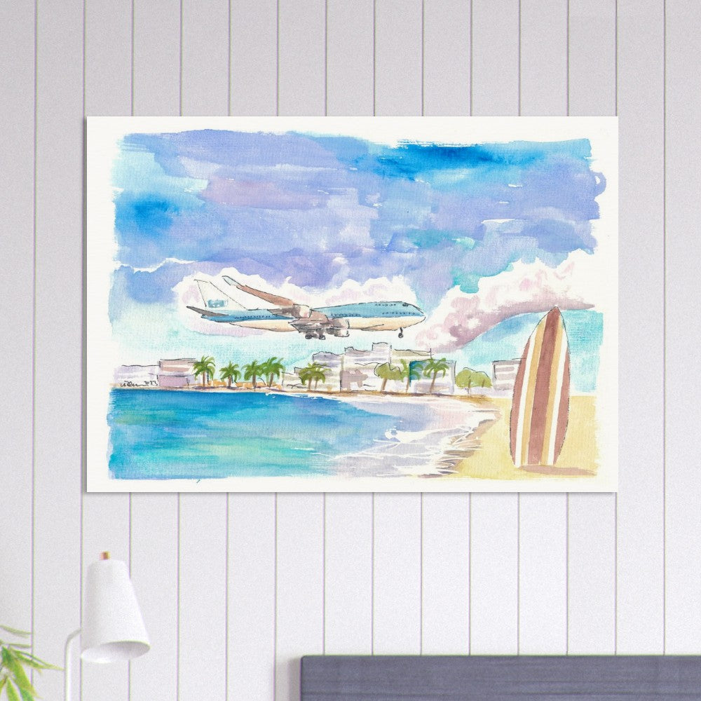 Fascinating Sint Maarten Maho Beach Scene with Plane Landing - Limited Edition Fine Art Print - Original Painting available