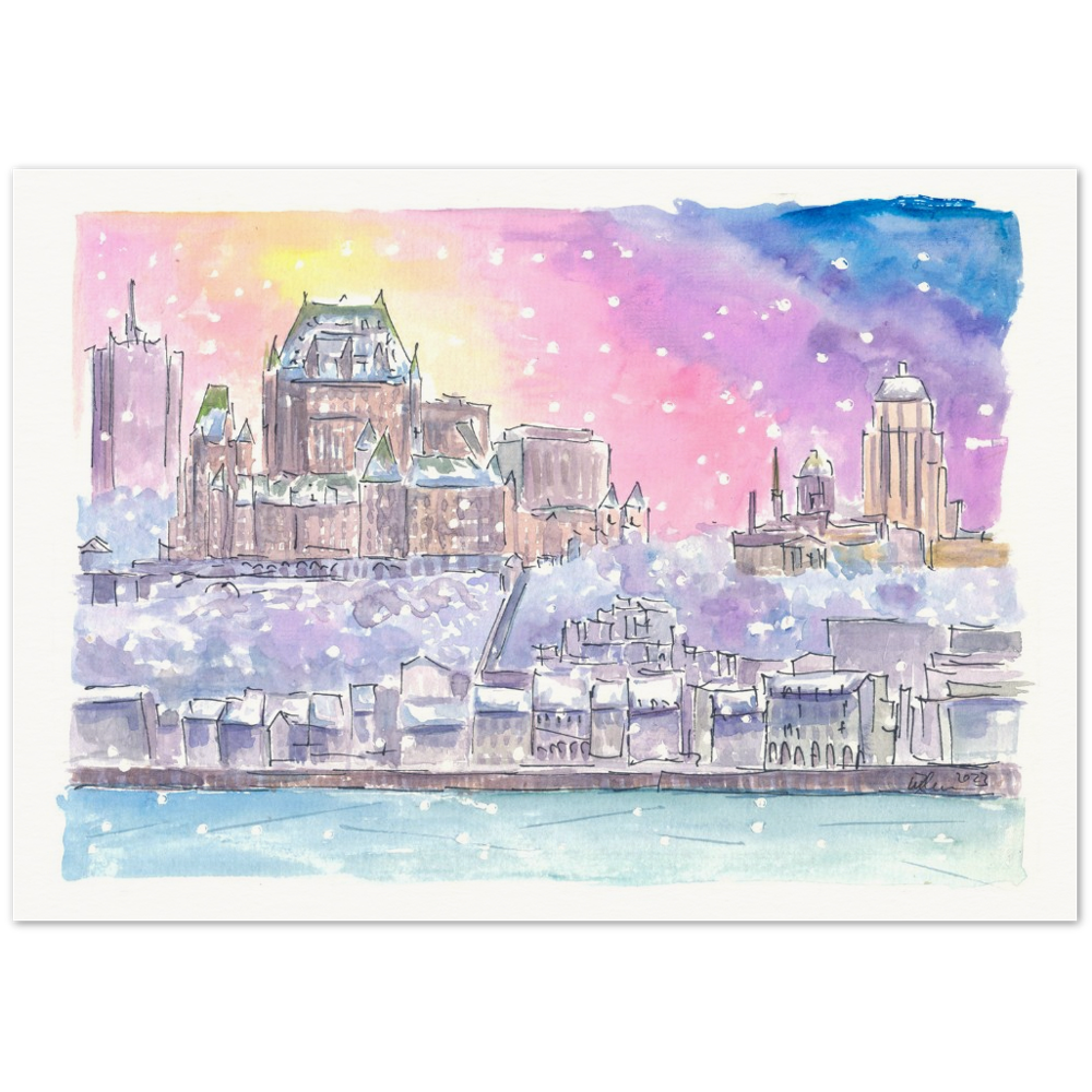 Quebec Canada Nightly Winter Scene with Castle and St Lawrence River  - Limited Edition Fine Art Print - Original Painting available