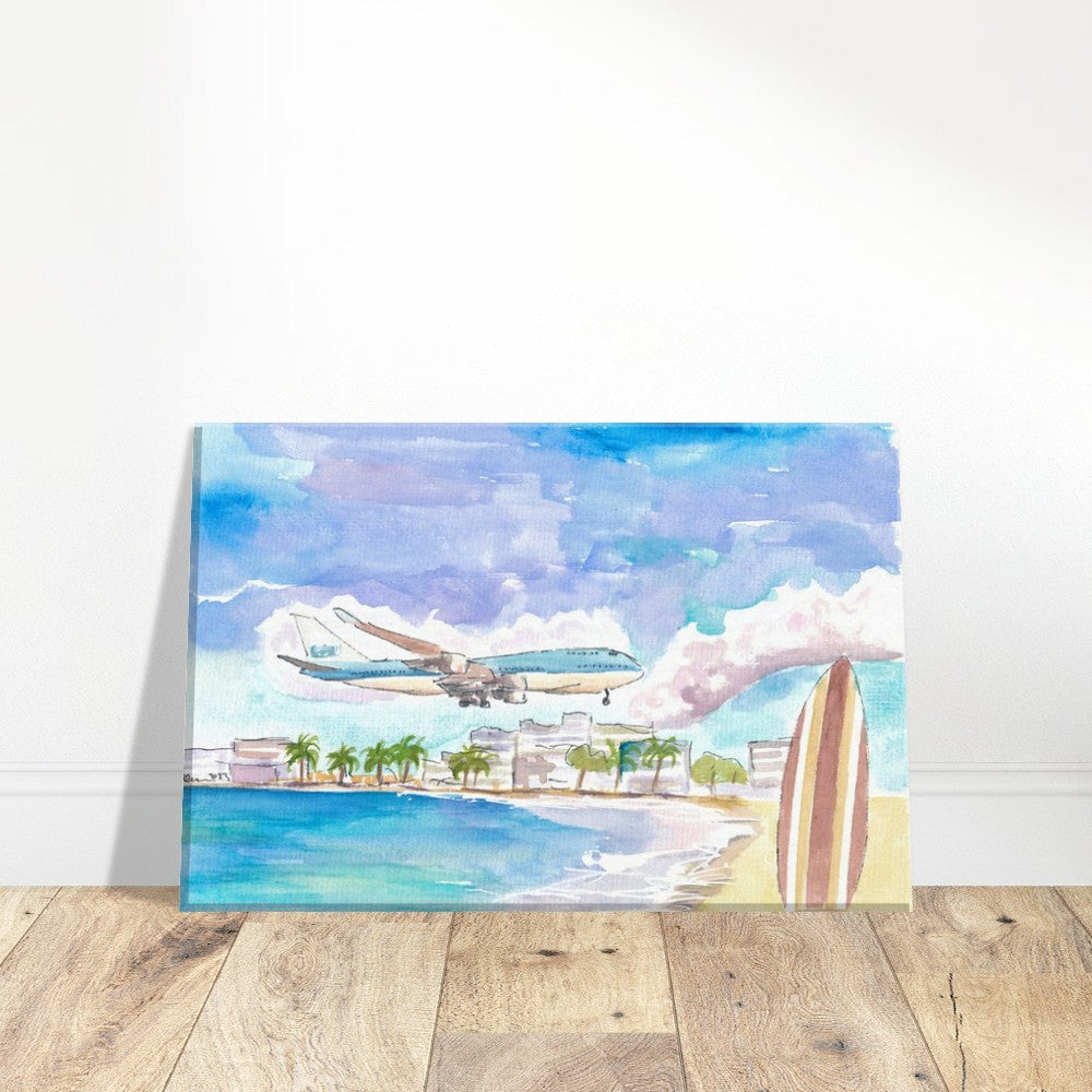 Fascinating Sint Maarten Maho Beach Scene with Plane Landing - Limited Edition Fine Art Print - Original Painting available