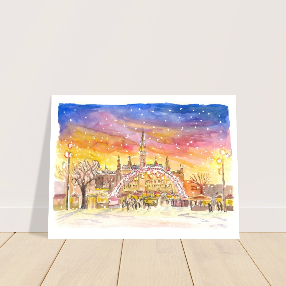 Amazing Snowy Vienna City Hall Square and Christmas Market by Night - Limited Edition Fine Art Print - Original Painting available