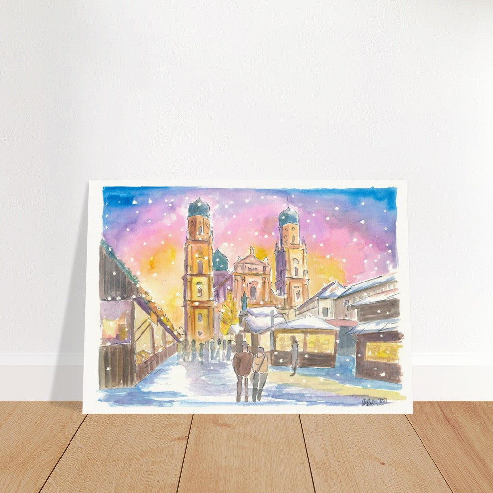 Passau Bavaria Winter Street Scene with Cathedral in Snow - Limited Edition Fine Art Print - Original Painting available