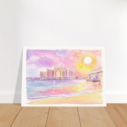 Dubai UAE Palm Crescent Sunset over Astonishing Hotel - Limited Edition Fine Art Print - Original Painting available