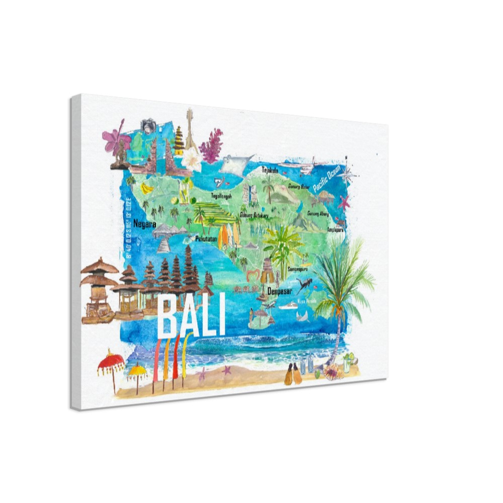 Bali Illustrated Island Travel Map with Tourist Highlights of Indonesia
