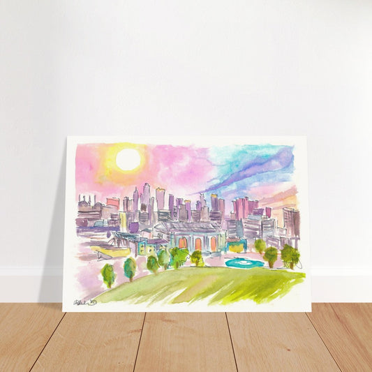 Kansas City Missouri Cityscape and Skyline in Watercolor Sunset - Limited Edition Fine Art Print - Original Painting available