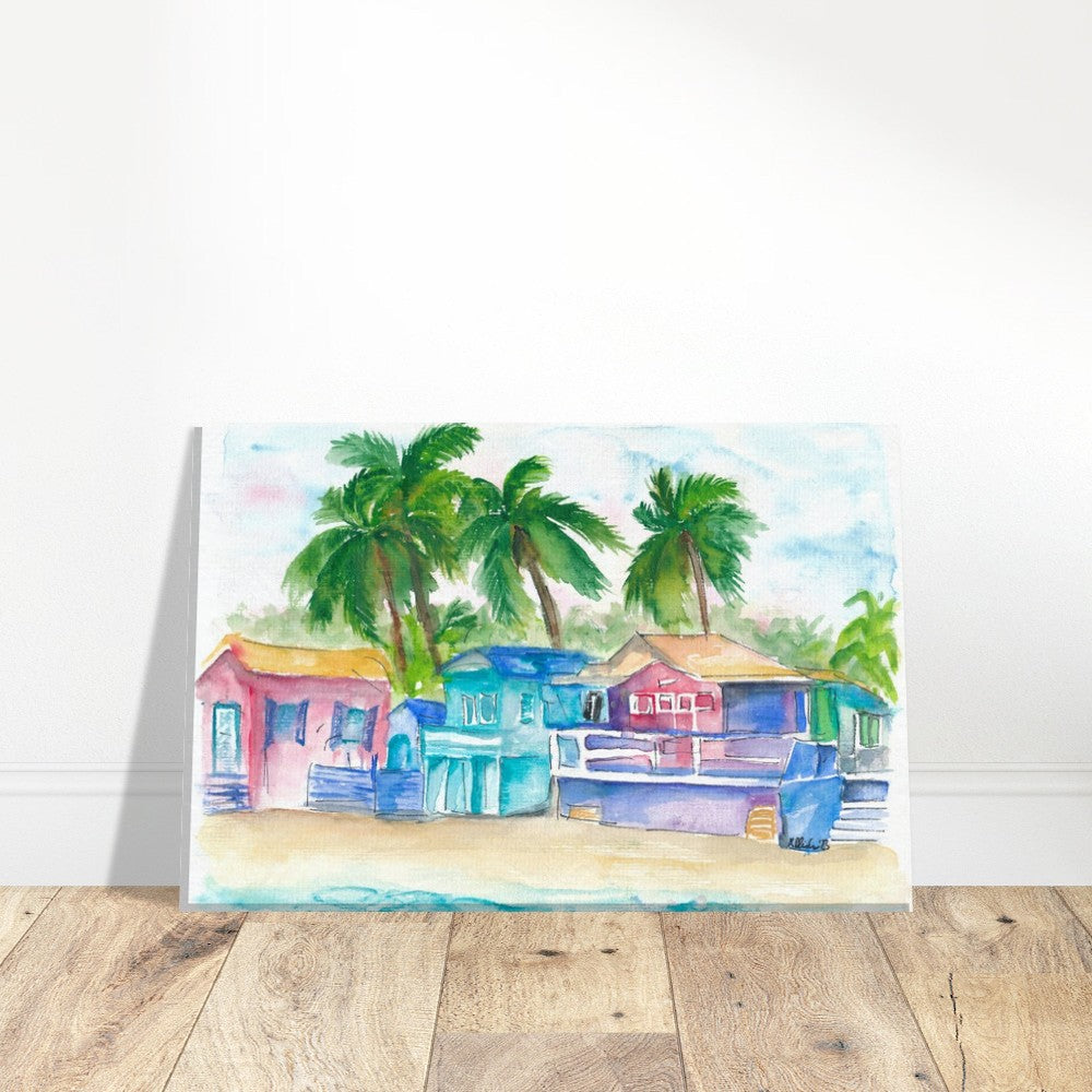 Colorful Tropical Houses at the Caribbean Dream Beach Island - Limited Edition Fine Art Print - Original Painting available