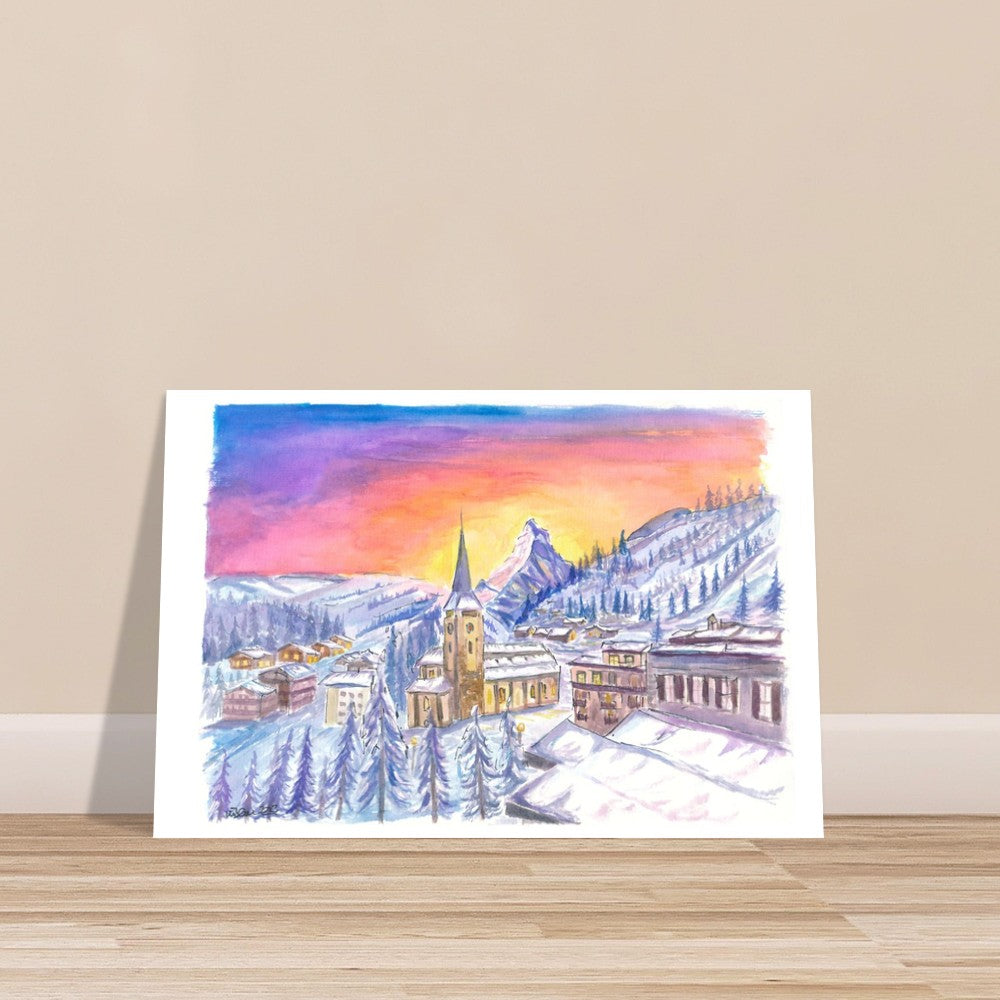 Zermatt Switzerland with Matterhorn View in Winter Dawn - Limited Edition Fine Art Print - Original Painting available