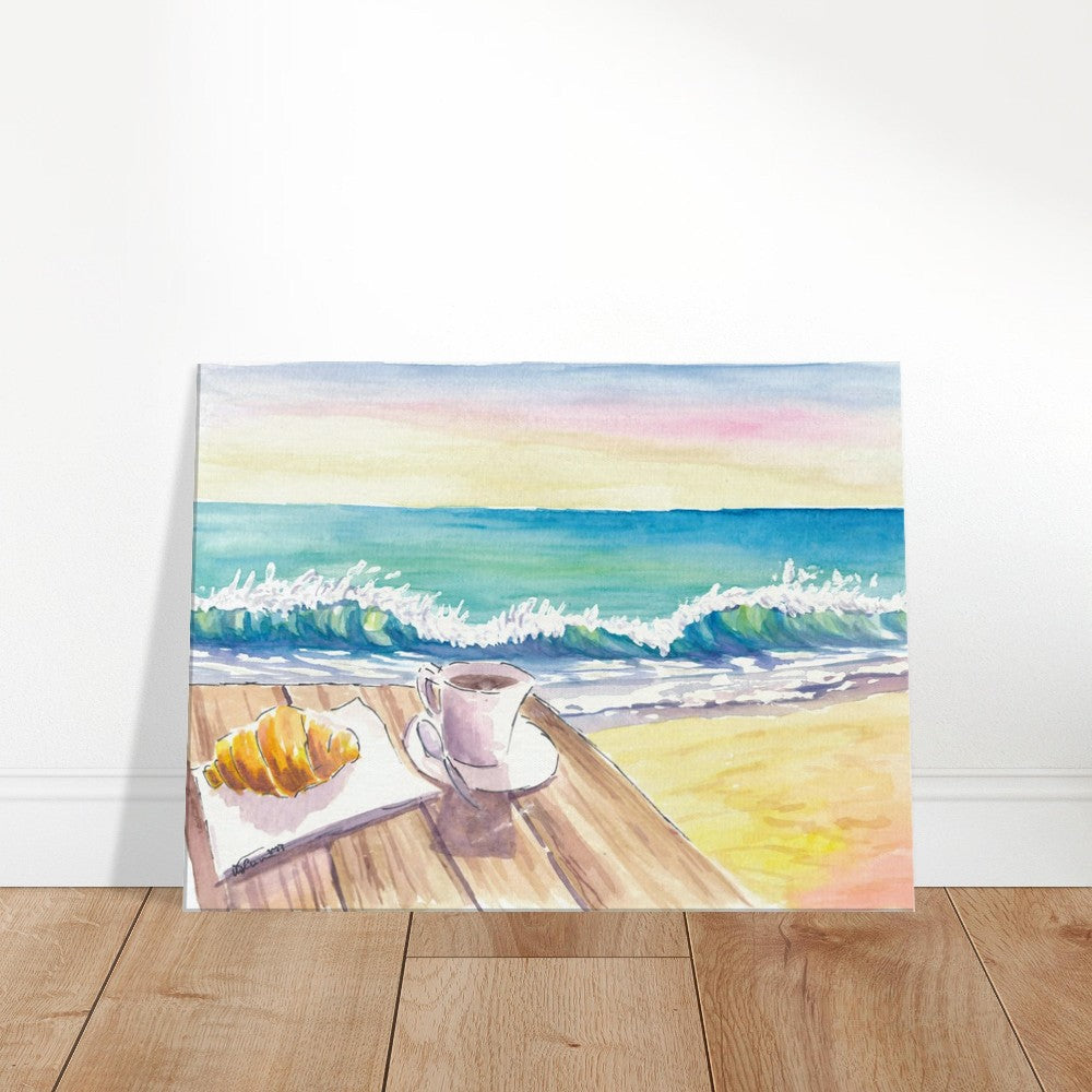 Beautiful Beach Morning with Coffee Brioche and Waves - Limited Edition Fine Art Print - Original Painting available