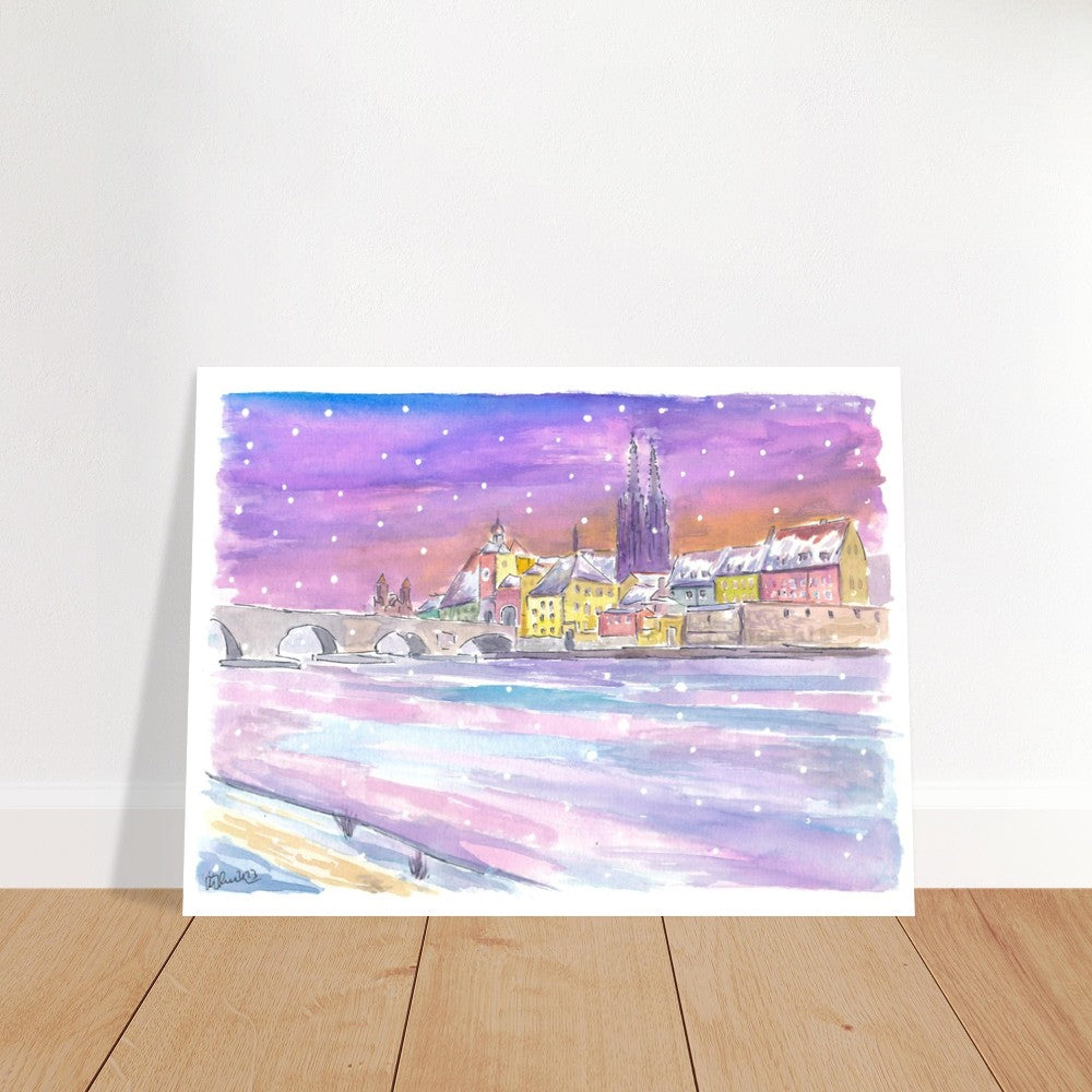 Winter Dawn in Regensburg Bavaria with Danube Stone Bridge and Cathedral - Limited Edition Fine Art Print - Original Painting available