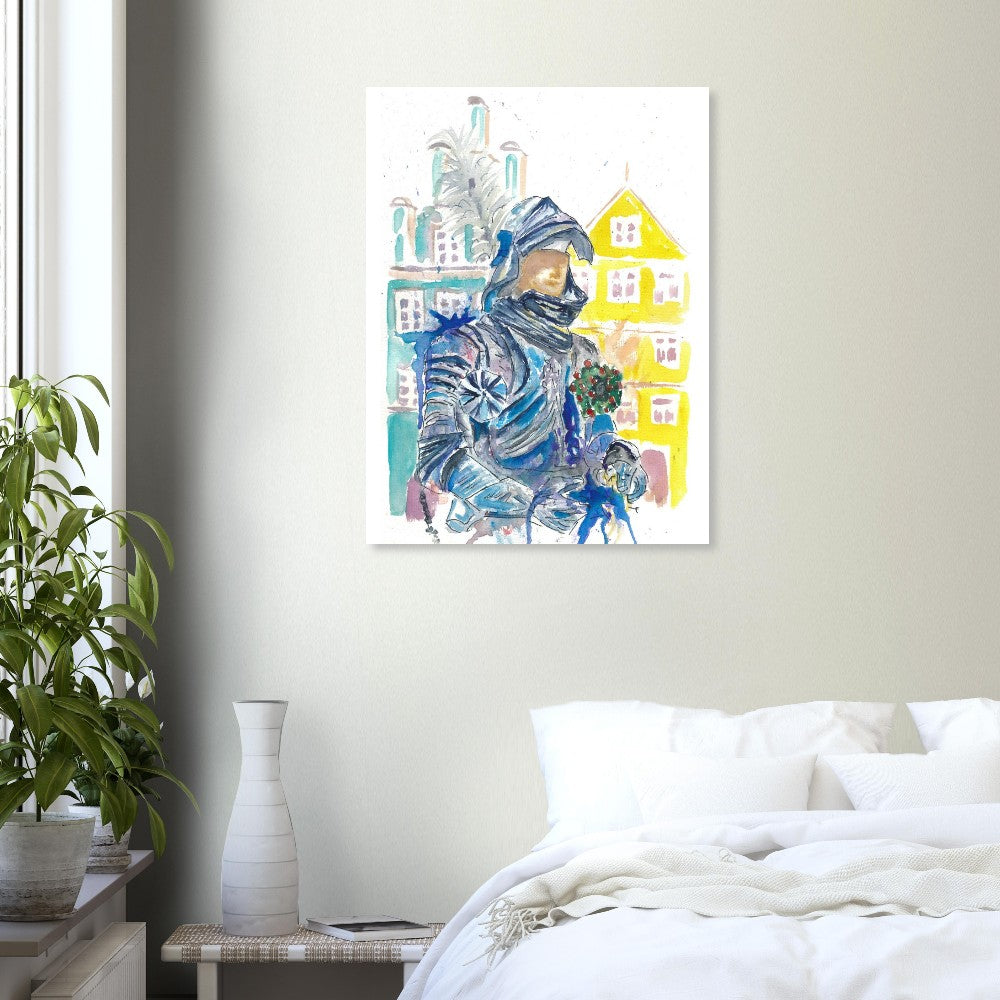 Armored Knight with Medieval Old Town Houses in Landshut Bavaria - Limited Edition Fine Art Print - Original Painting available