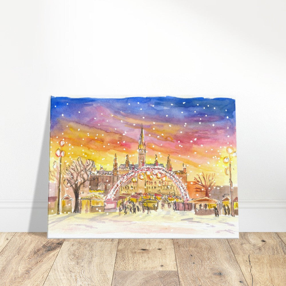 Amazing Snowy Vienna City Hall Square and Christmas Market by Night - Limited Edition Fine Art Print - Original Painting available