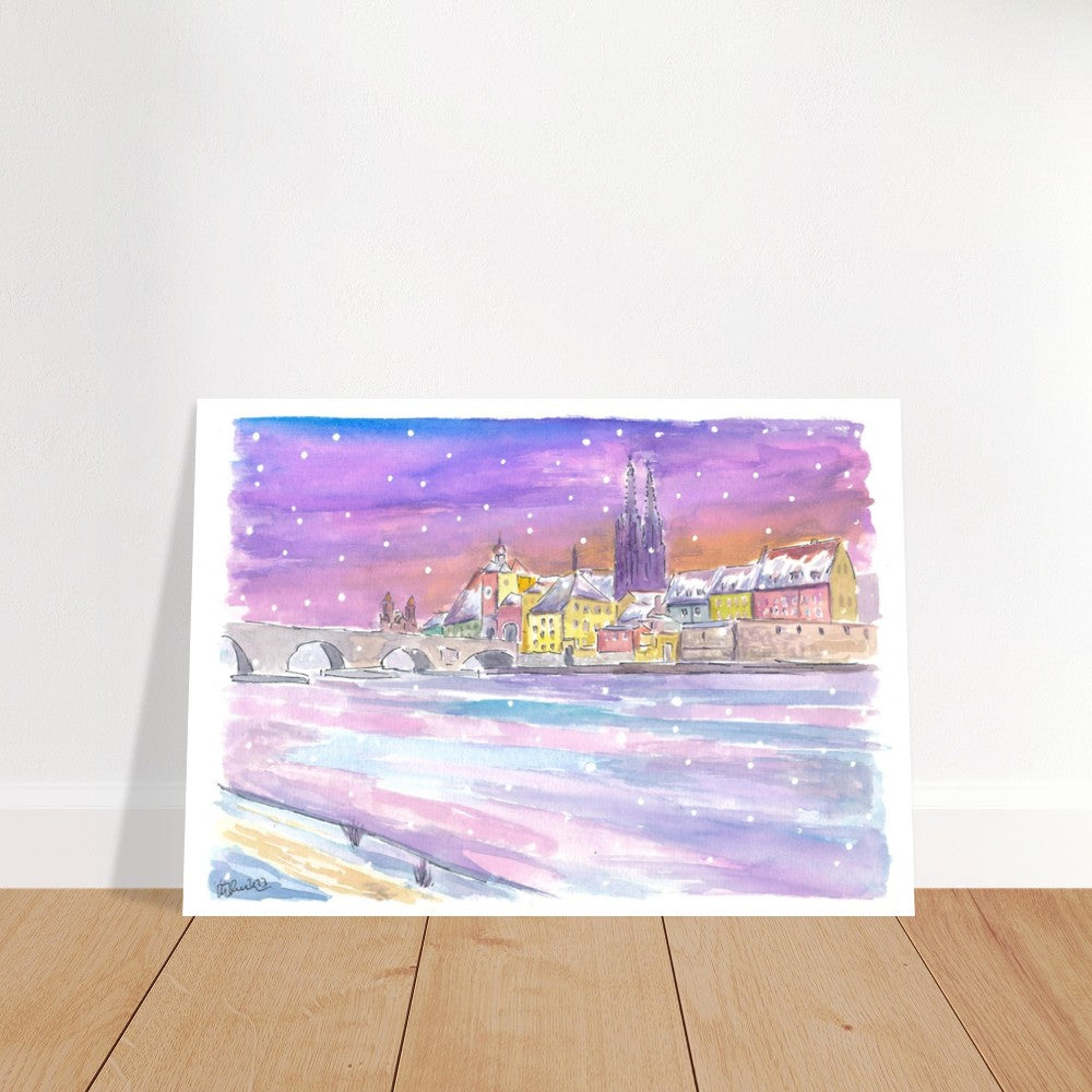 Winter Dawn in Regensburg Bavaria with Danube Stone Bridge and Cathedral - Limited Edition Fine Art Print - Original Painting available