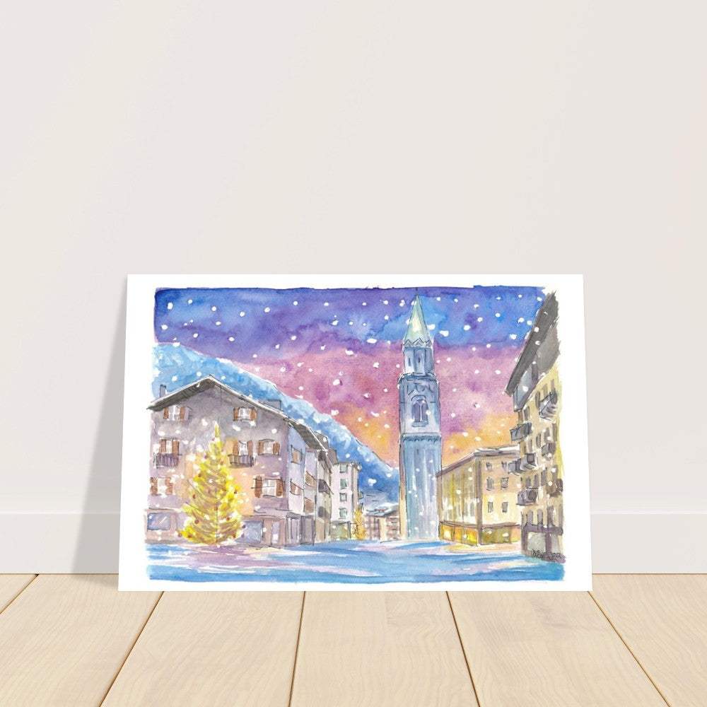 Cortina D'Ampezzo Dolomite Winter Charm in Nightly Mountains - Limited Edition Fine Art Print - Original Painting available