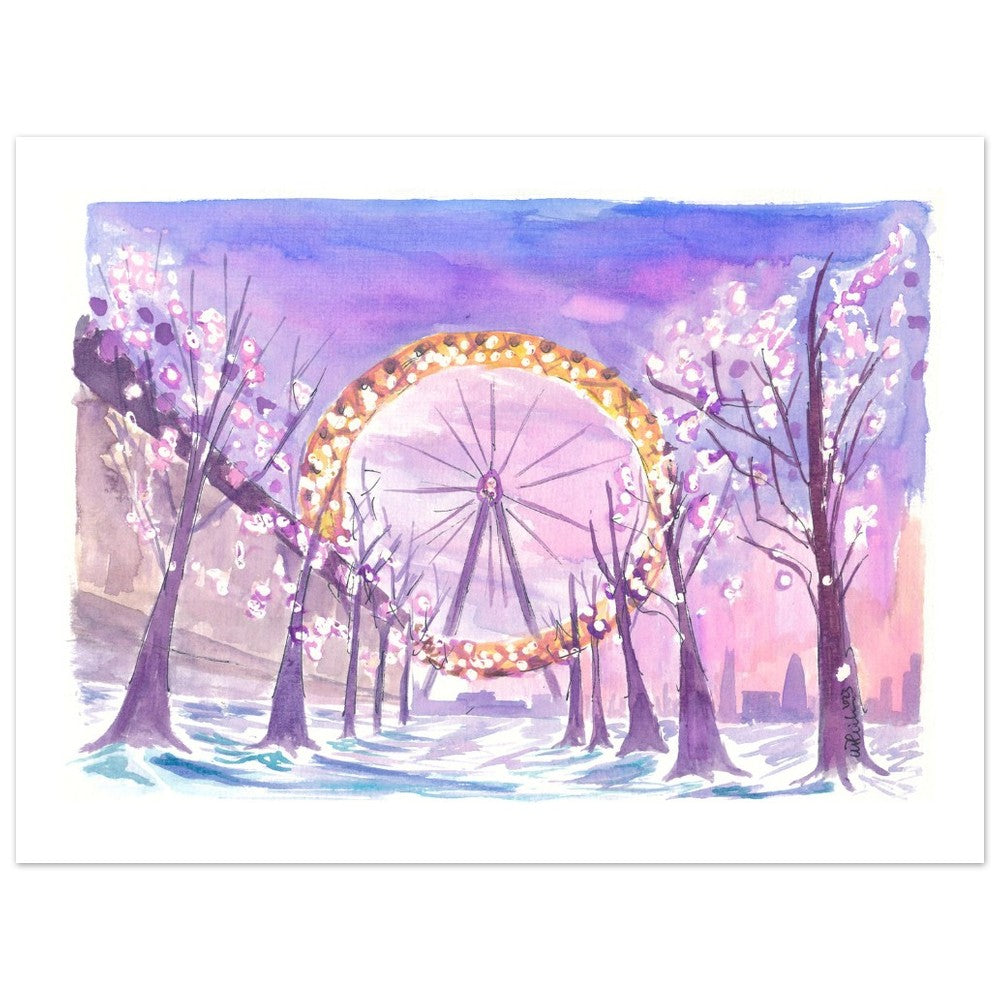 London England View of Eye in Winter with Snow South Bank - Limited Edition Fine Art Print -