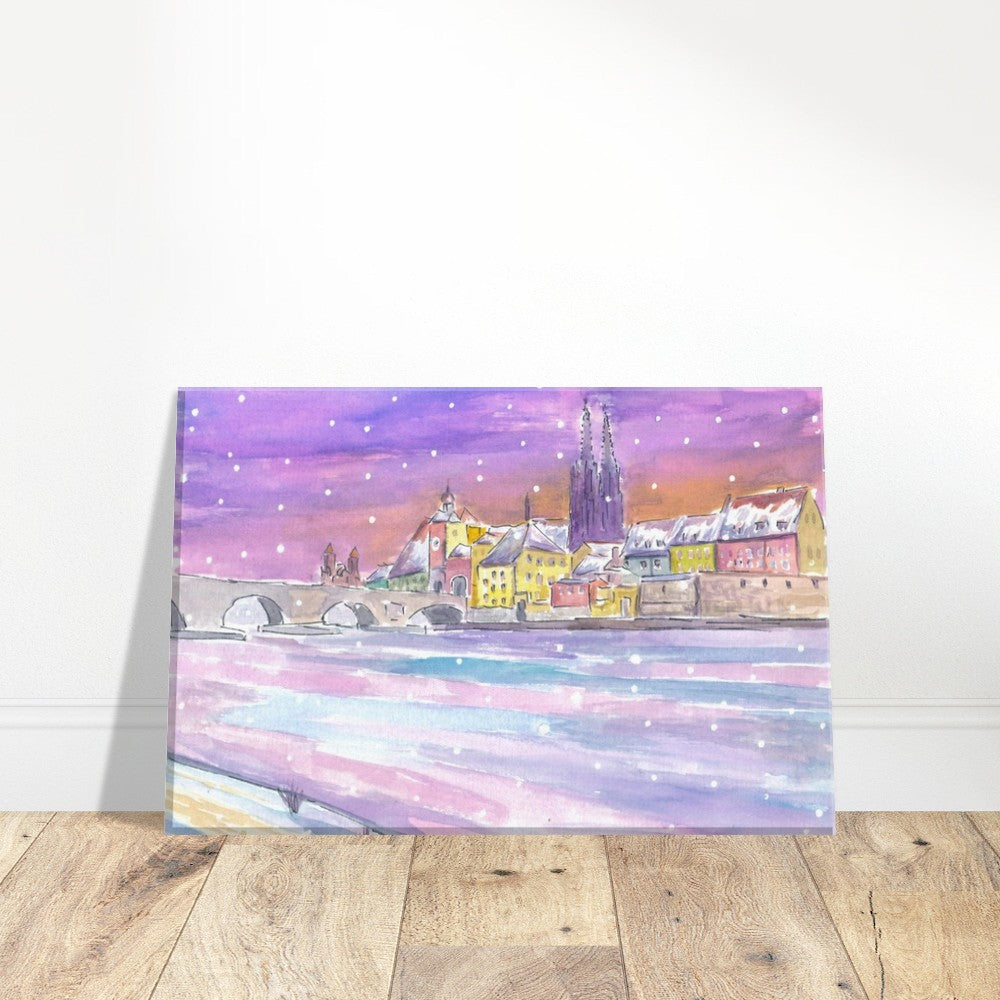 Winter Dawn in Regensburg Bavaria with Danube Stone Bridge and Cathedral - Limited Edition Fine Art Print - Original Painting available