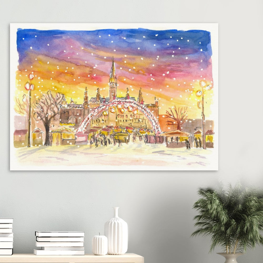 Amazing Snowy Vienna City Hall Square and Christmas Market by Night - Limited Edition Fine Art Print - Original Painting available