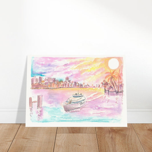 Boca Raton Sunrise with Yacht Canal and Skyline - Limited Edition Fine Art Print - Original Painting available