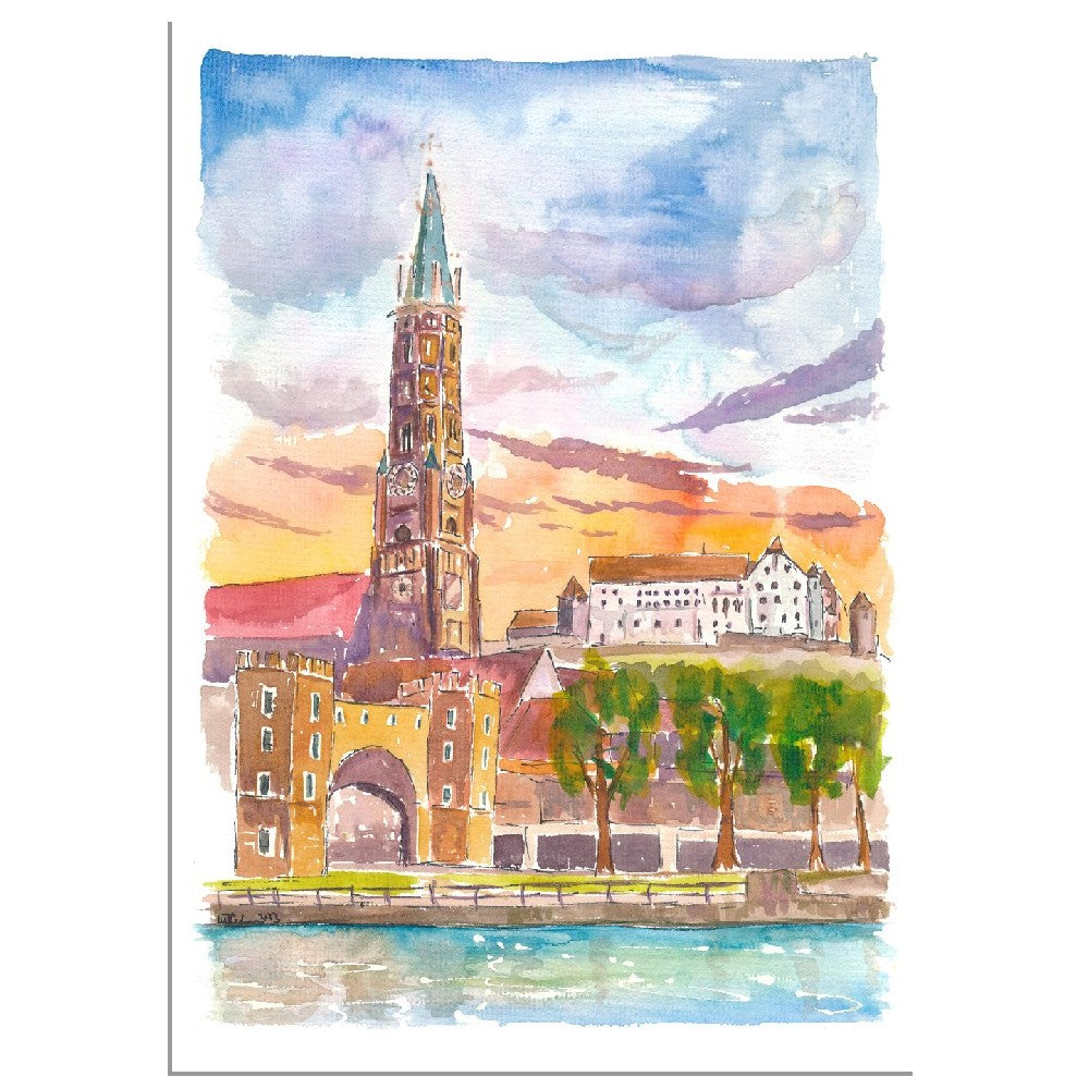 Landshut Bavaria Morning View of City Gate Church and Trausnitz - Limited Edition Fine Art Print - Original Painting available