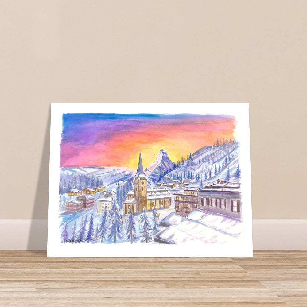 Zermatt Switzerland with Matterhorn View in Winter Dawn - Limited Edition Fine Art Print - Original Painting available