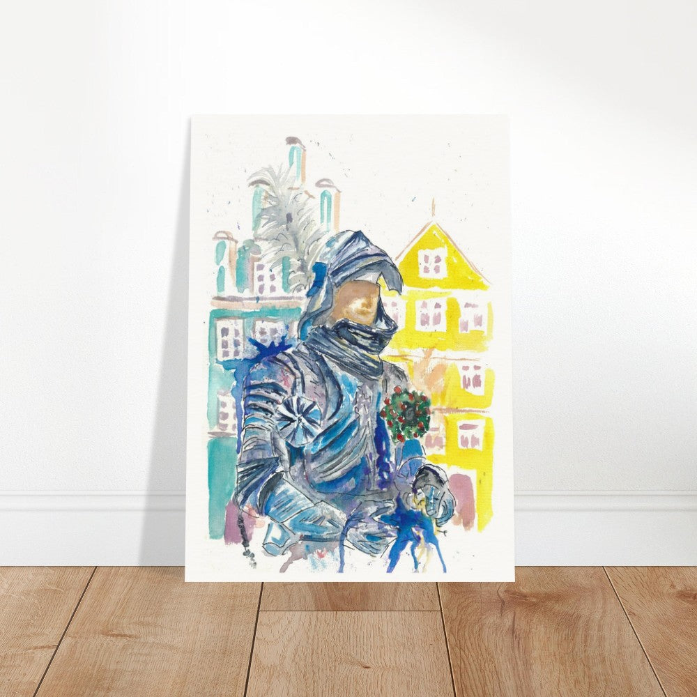 Armored Knight with Medieval Old Town Houses in Landshut Bavaria - Limited Edition Fine Art Print - Original Painting available