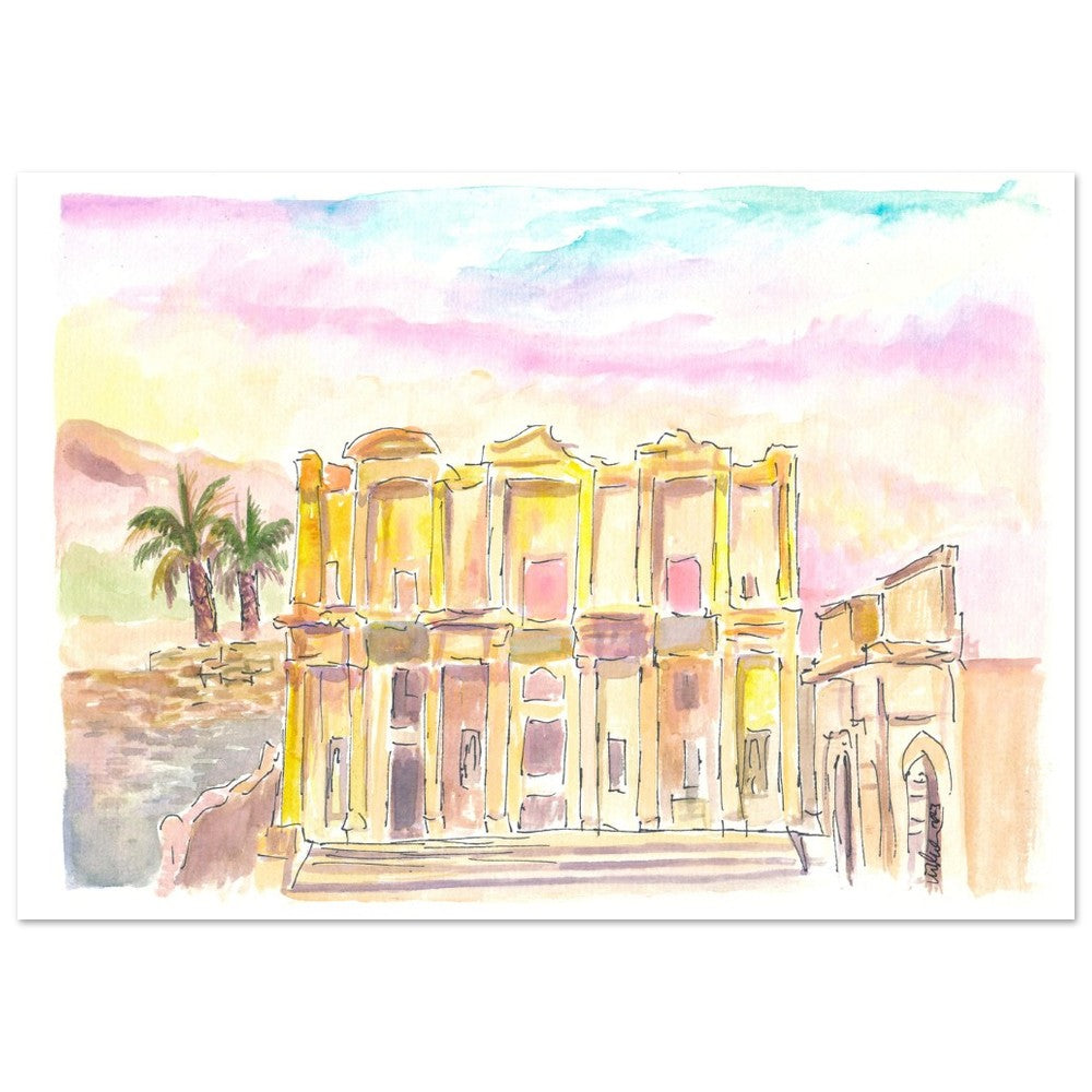 Ancient Ephesus with Roman Ruins of Celsus Library in warm Sunlight - Limited Edition Fine Art Print - Original Painting available