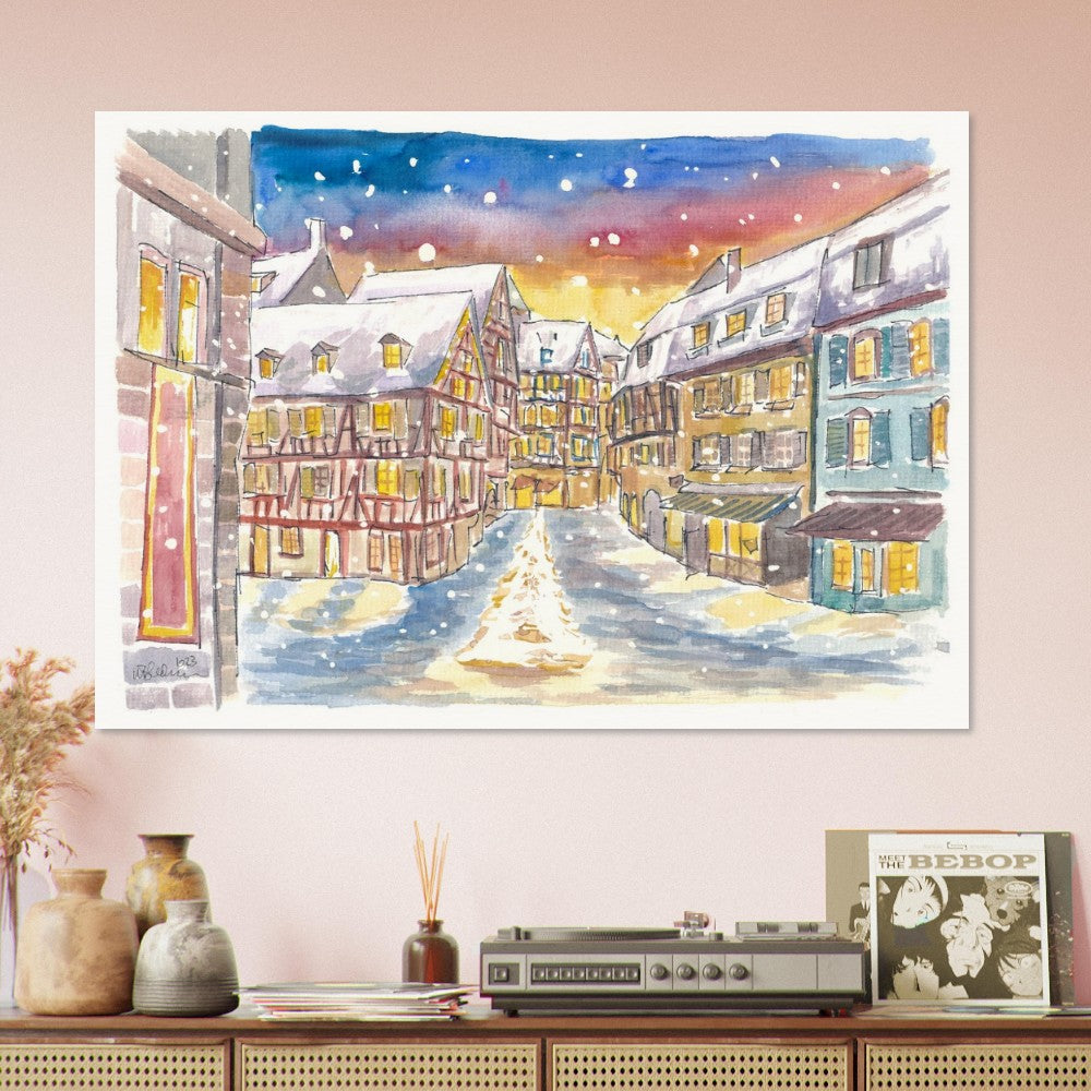 Snowing and Festive Colmar in Alsace with Old Town - Limited Edition Fine Art Print - Original Painting available