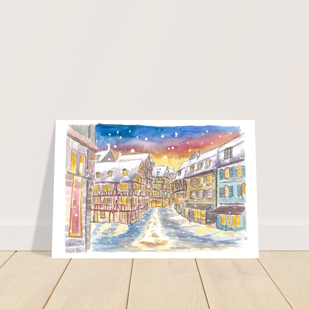 Snowing and Festive Colmar in Alsace with Old Town - Limited Edition Fine Art Print - Original Painting available