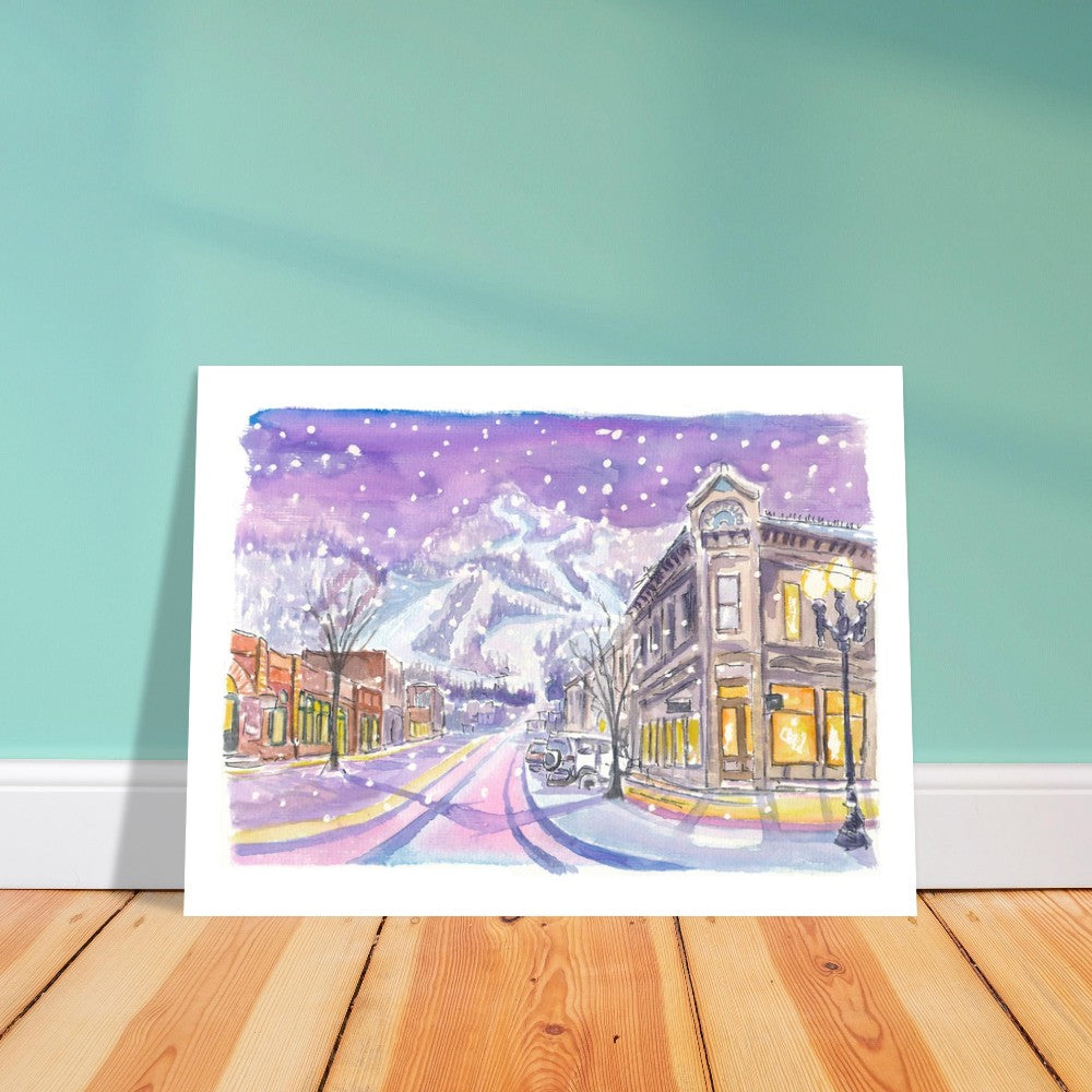Aspen Colorado Nightly Winter Street Scene with Snowing Mood - Limited Edition Fine Art Print - Original Painting available