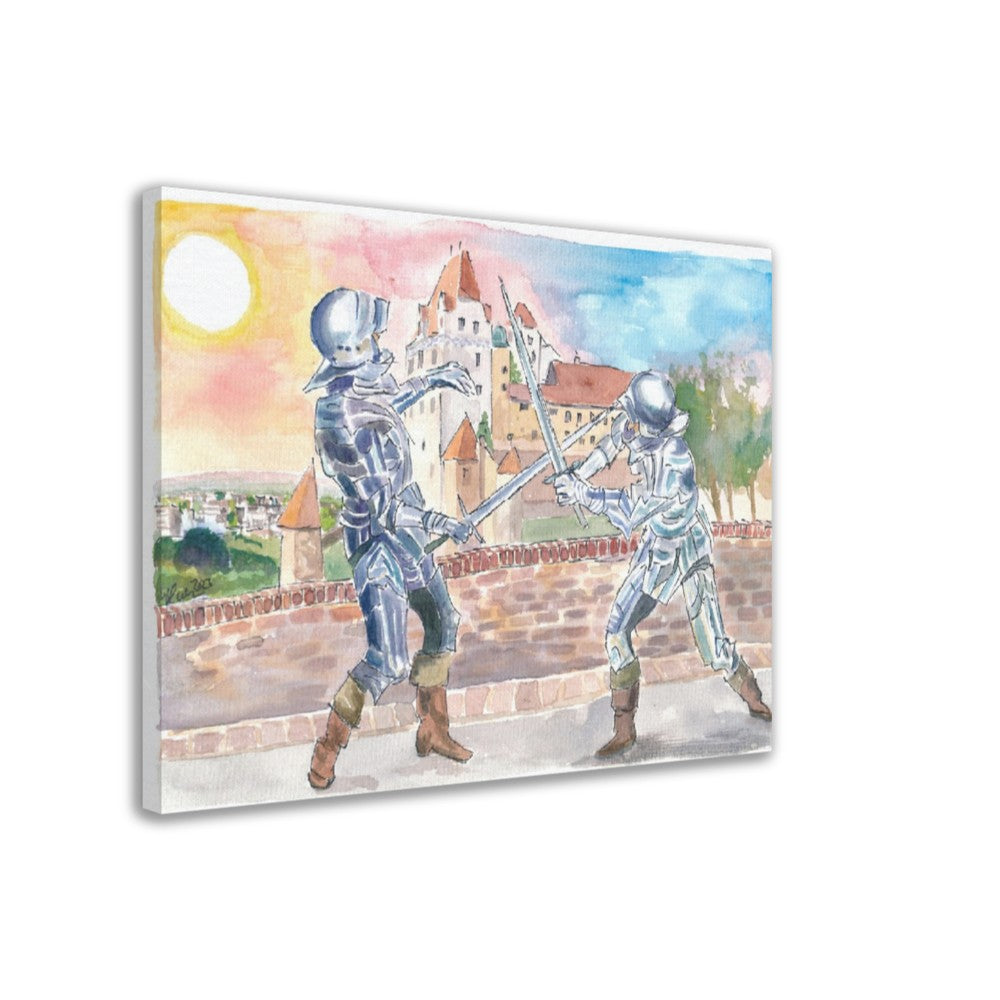 Landshut Knight Sword Fight with Medieval Trausnitz Castle at Sunset - Limited Edition Fine Art Print - Original Painting