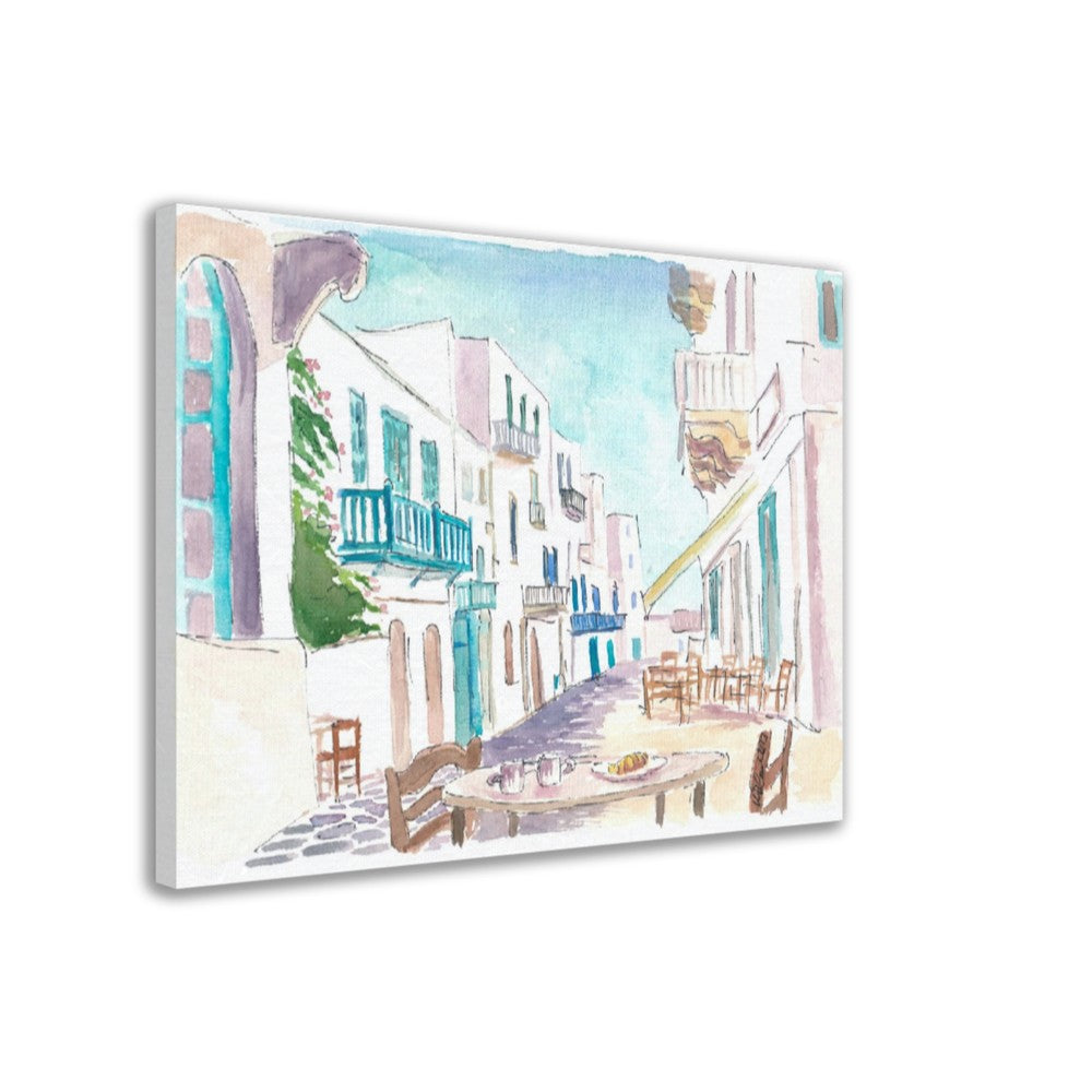 Breakfast in Mykonos in Gorgeous Town Street Scene Greece - Limited Edition Fine Art Print - Original Painting