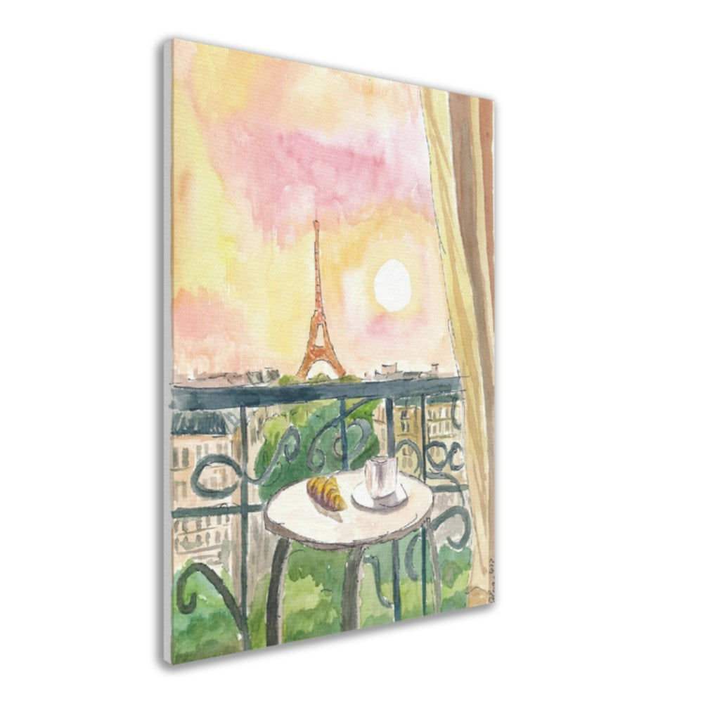 Paris France Balcony View with Croissant and Coffee - Limited Edition Fine Art Print - Original Painting available