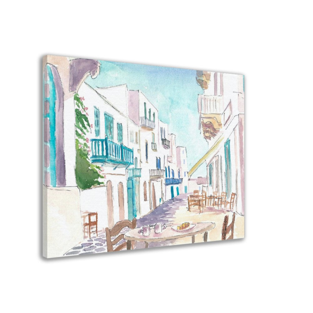 Breakfast in Mykonos in Gorgeous Town Street Scene Greece - Limited Edition Fine Art Print - Original Painting