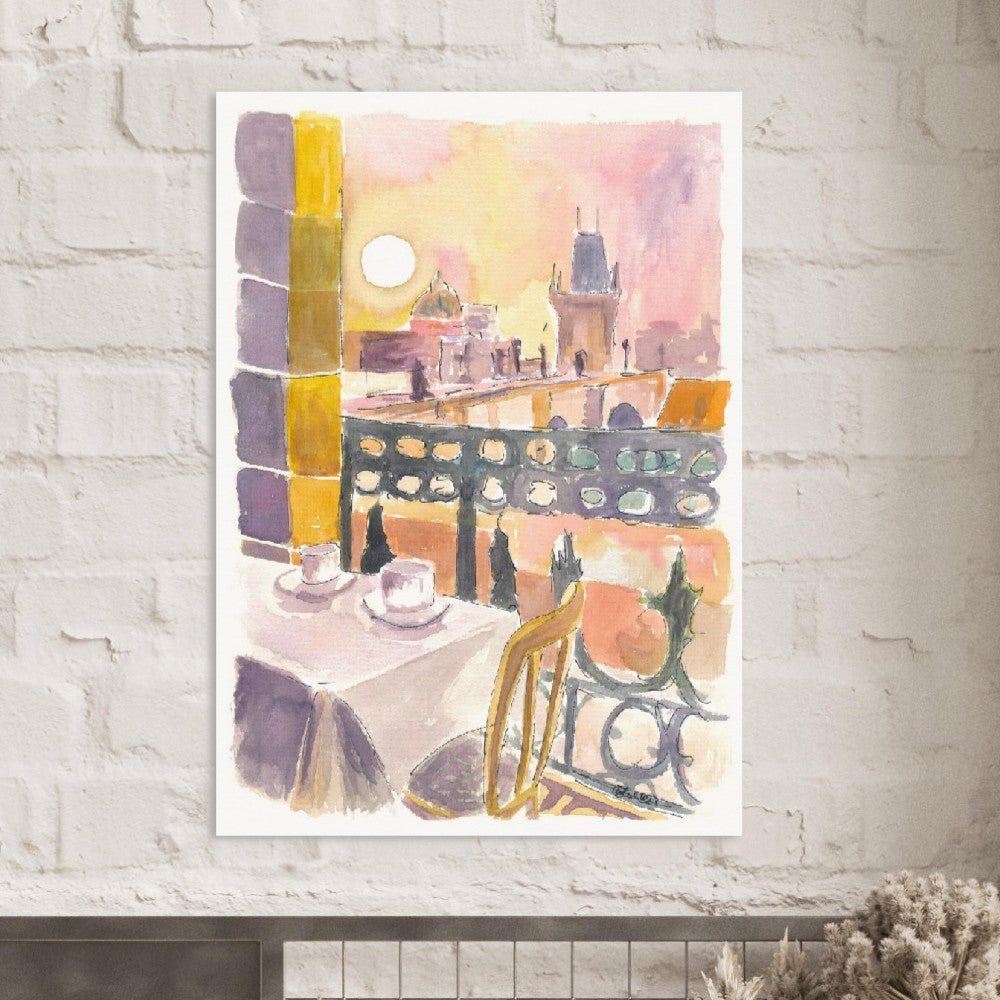 Prague Czech Republic Cafe Table with View of Karluv Most Bridge - Limited Edition Fine Art Print - Original Painting available