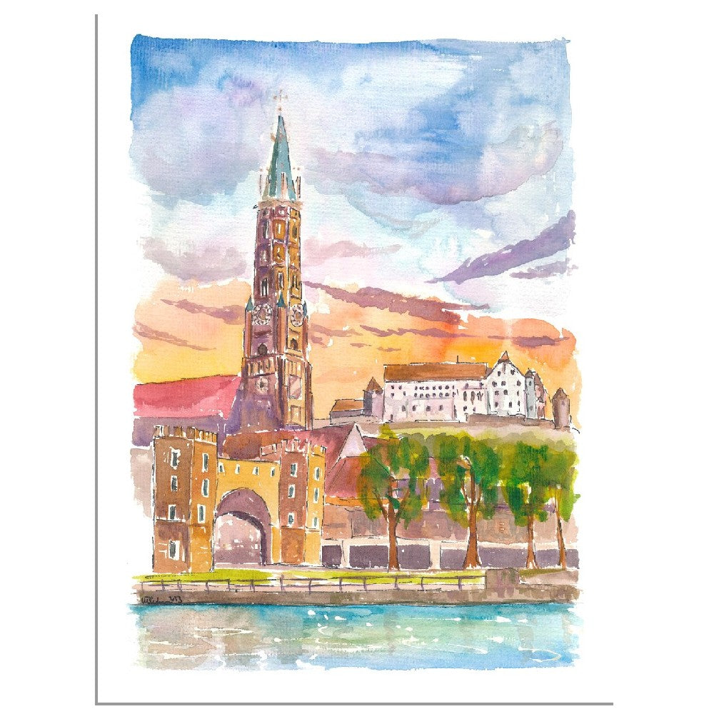 Landshut Bavaria Morning View of City Gate Church and Trausnitz - Limited Edition Fine Art Print - Original Painting available