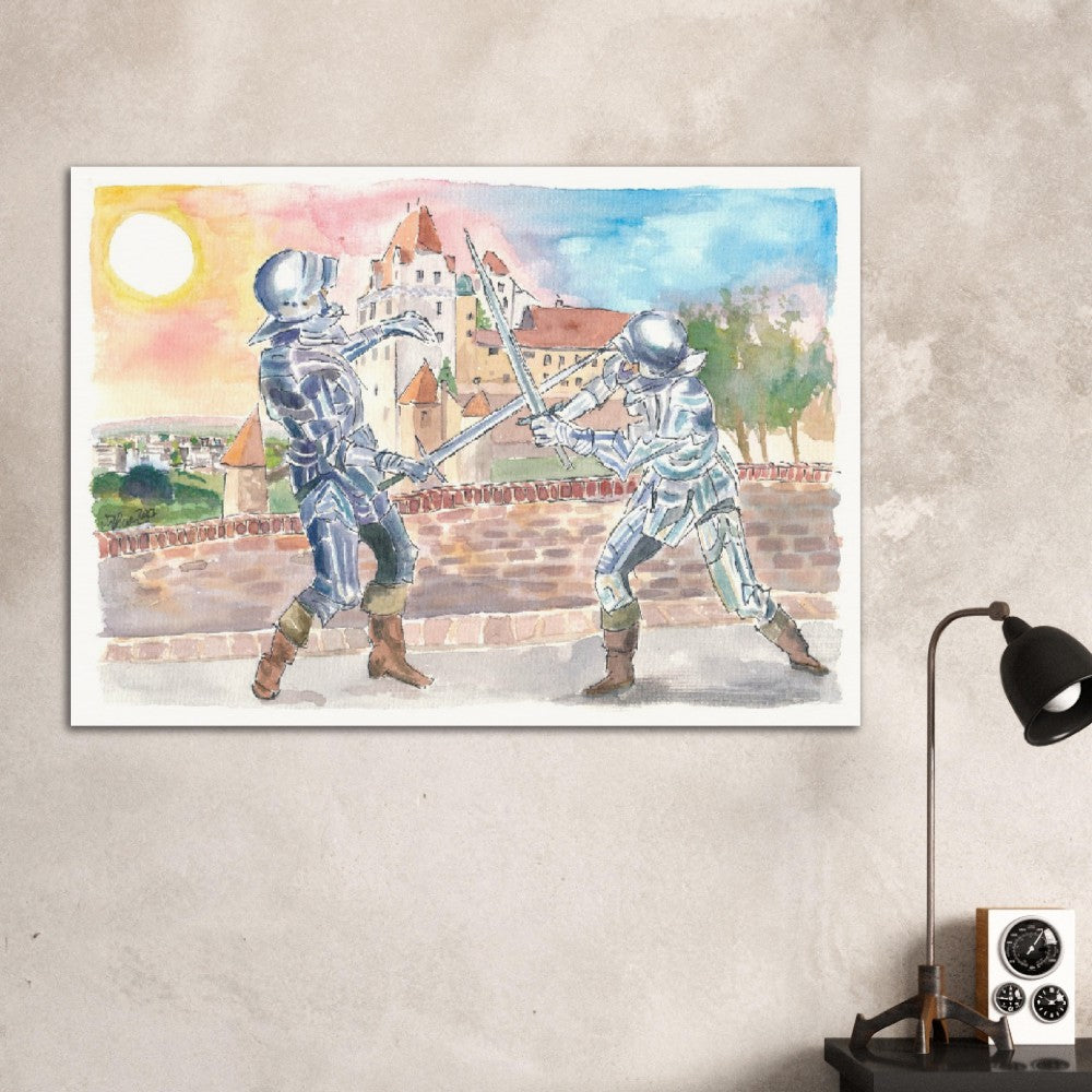 Landshut Knight Sword Fight with Medieval Trausnitz Castle at Sunset - Limited Edition Fine Art Print - Original Painting